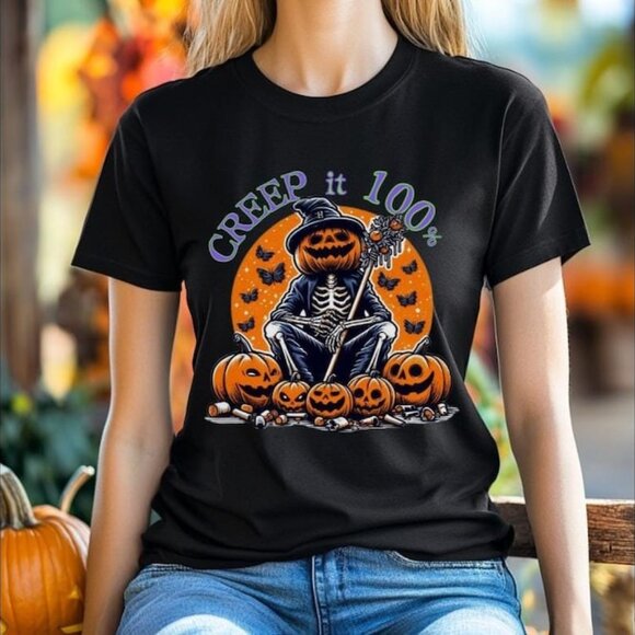 Generic Other - Halloween Pumpkin Skeleton T-Shirt, Trick or Treat Graphic Tee, Spooky Season